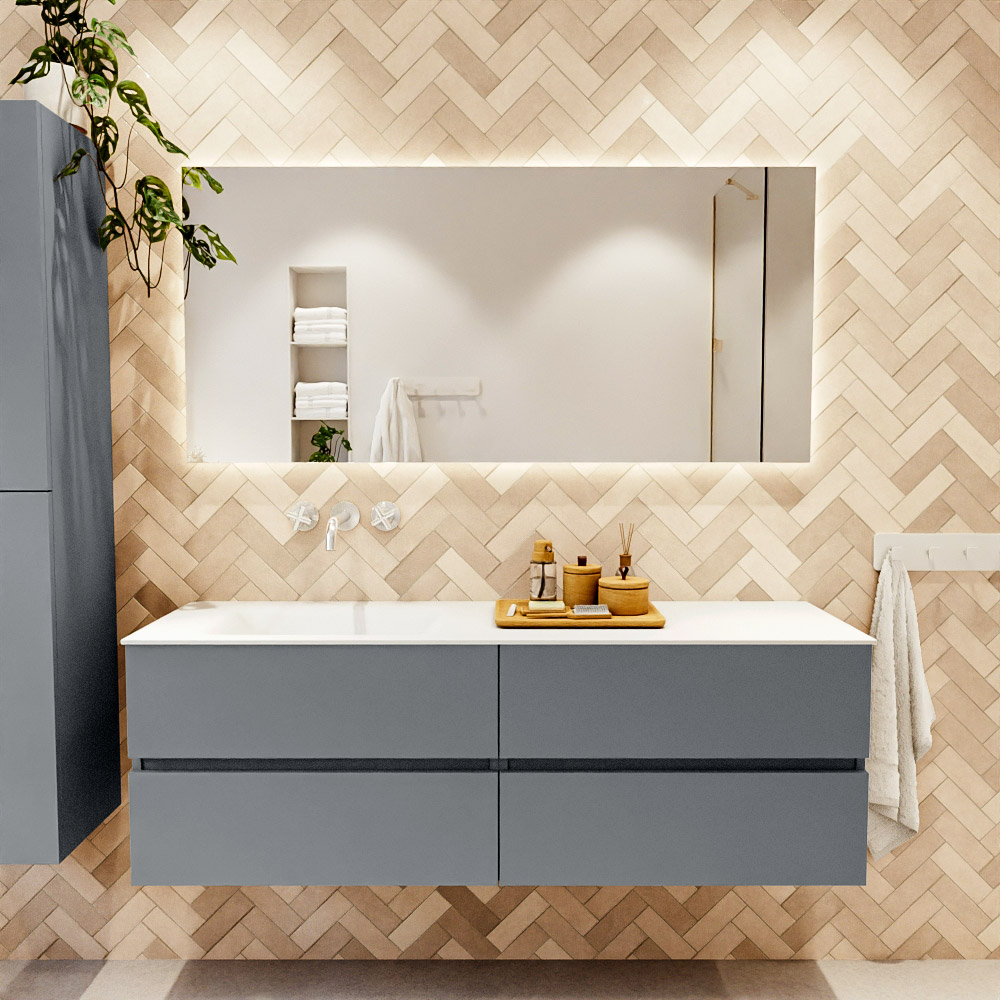 MONDIAZ VICA 150cm mueble de baño Plata 4 cajones. Lavabo CLOUD Izquierda sin orificio, color Talc. 2 color Talc.