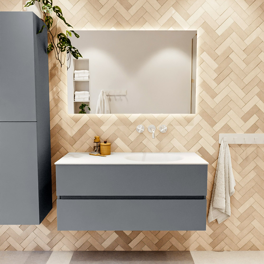 MONDIAZ VICA 110cm mueble de baño Plata 2 cajones. Lavabo MOON Derecho sin orificio, color Talc. 2 color Talc.