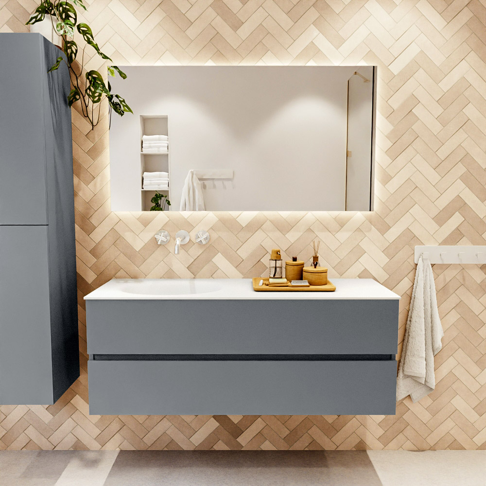 MONDIAZ VICA 130cm mueble de baño Plata 2 cajones. Lavabo MOON Izquierda sin orificio, color Talc. 2 color Talc.