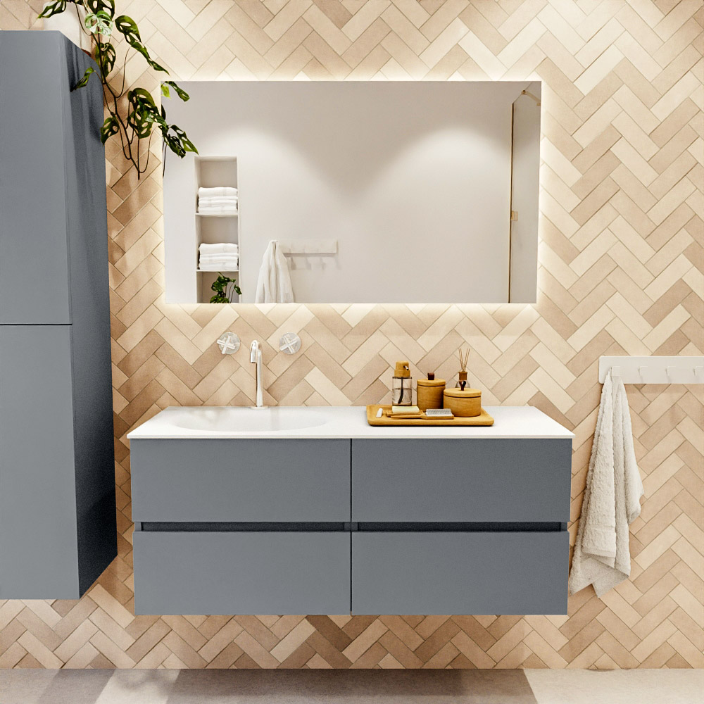 MONDIAZ VICA 120cm mueble de baño Plata 4 cajones. Lavabo MOON Izquierda 1 orificio, color Talc. 2 color Talc.