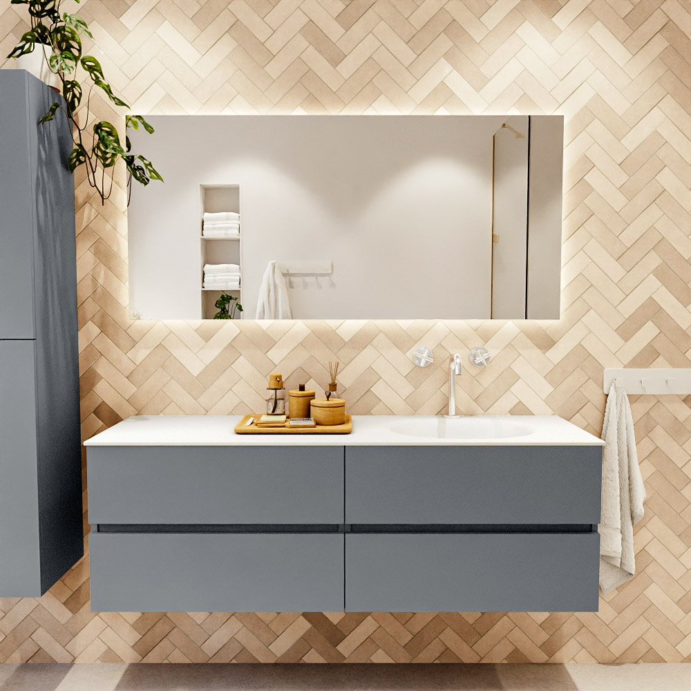MONDIAZ VICA 150cm mueble de baño Plata 4 cajones. Lavabo MOON Derecho 1 orificio, color Talc. 2 color Talc.