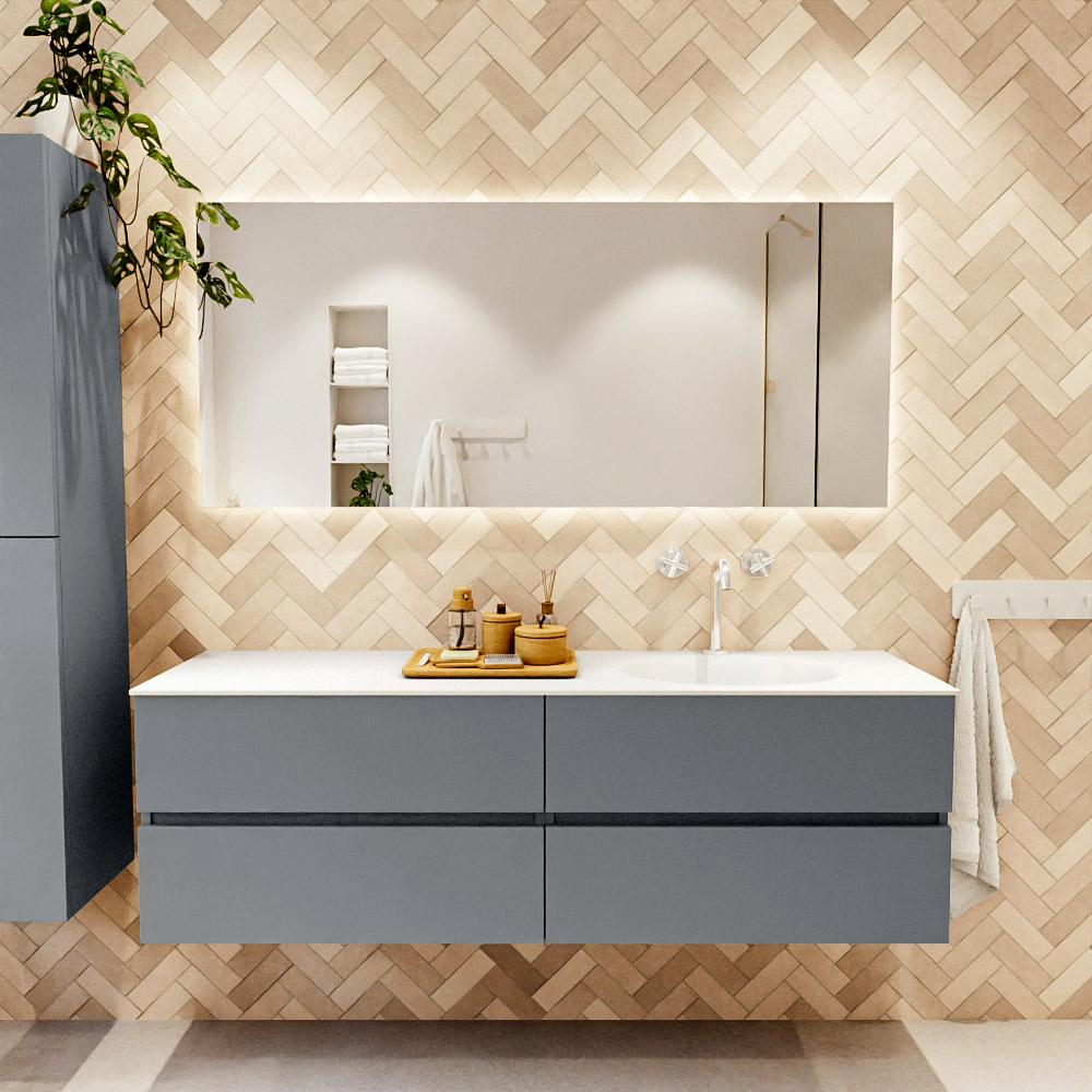 MONDIAZ VICA 160cm mueble de baño Plata 4 cajones. Lavabo MOON Derecho 1 orificio, color Talc. 2 color Talc.