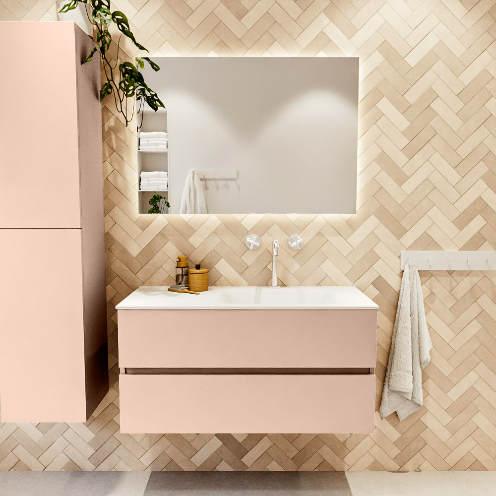 MONDIAZ VICA 100cm mueble de baño Rosee 2 cajones. Lavabo CLOUD Derecho 1 orificio, color Talc. 2 color Talc.