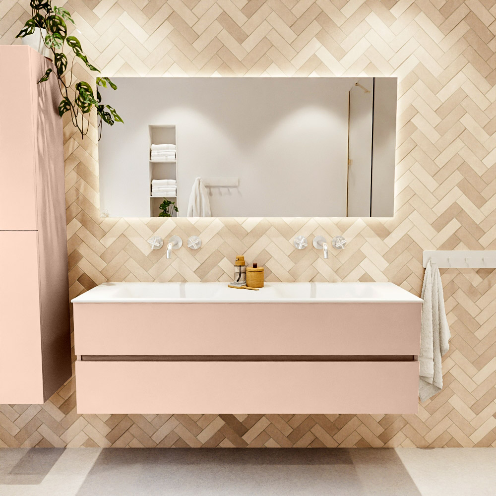 MONDIAZ VICA 150cm mueble de baño Rosee 2 cajones. Lavabo CLOUD Doble sin orificio, color Talc. 2 color Talc.
