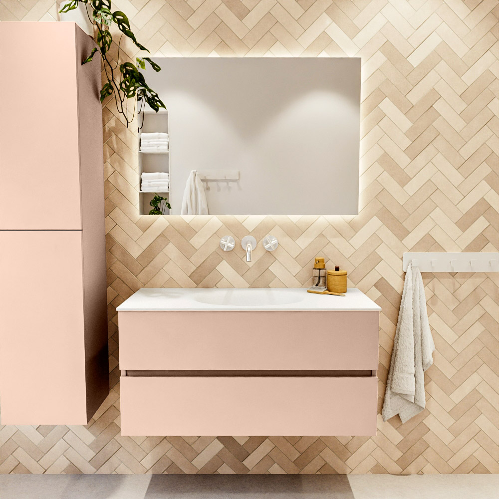 MONDIAZ VICA 100cm mueble de baño Rosee 2 cajones. Lavabo MOON Centro sin orificio, color Talc. 2 color Talc.