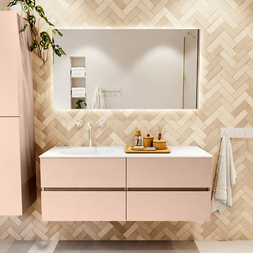 MONDIAZ VICA 130cm mueble de baño Rosee 4 cajones. Lavabo MOON Izquierda 1 orificio, color Talc. 2 color Talc.