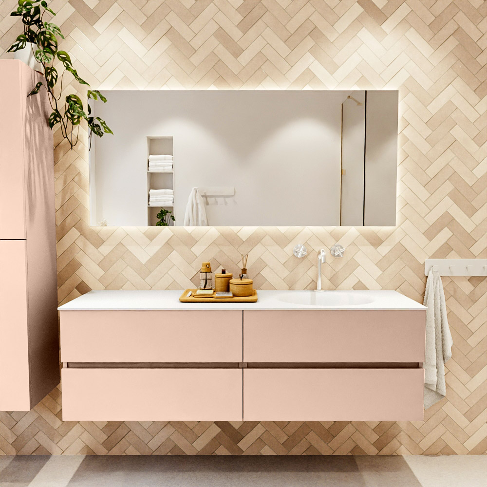 MONDIAZ VICA 160cm mueble de baño Rosee 4 cajones. Lavabo MOON Derecho 1 orificio, color Talc. 2 color Talc.
