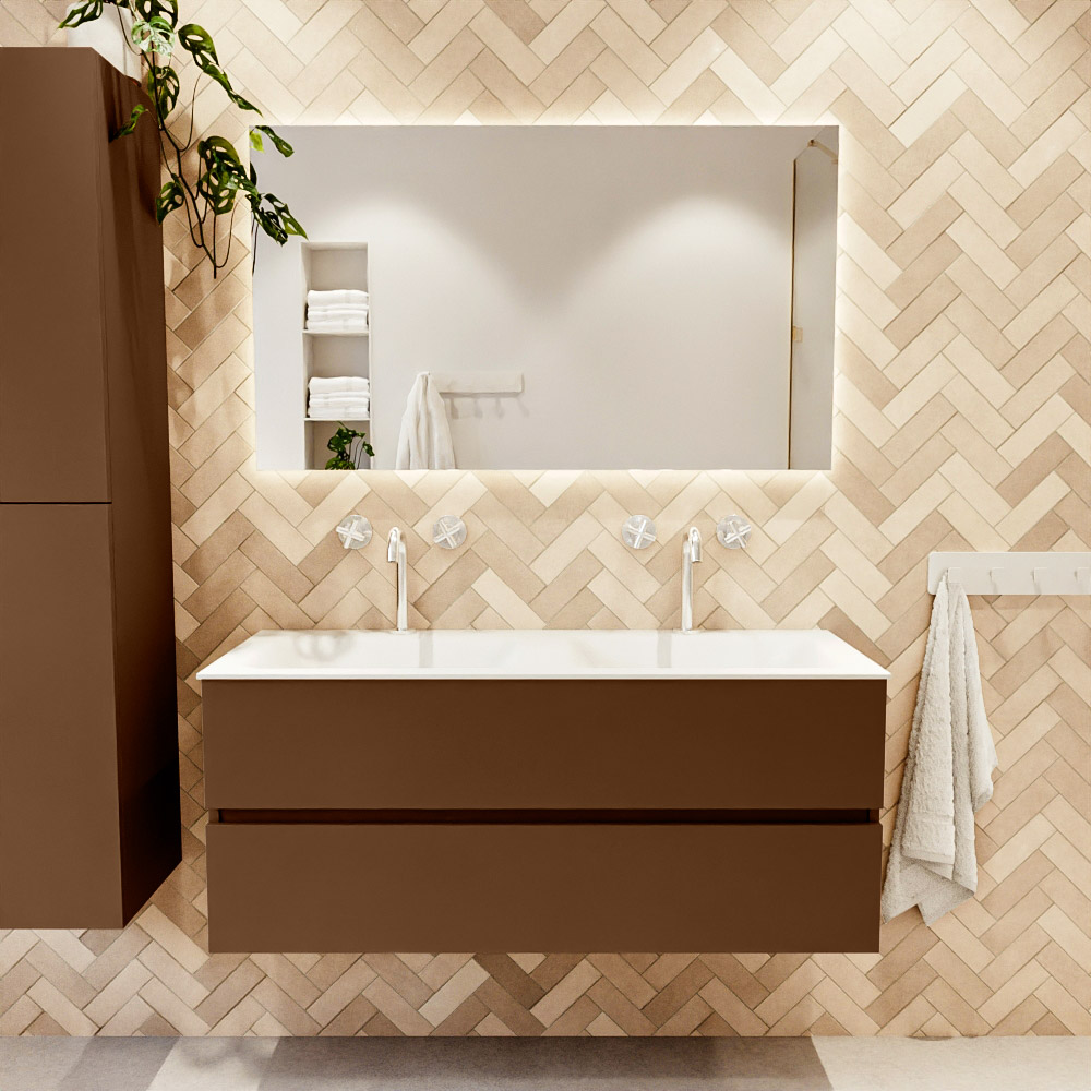 MONDIAZ VICA 120cm mueble de baño Rust 2 cajones. Lavabo CLOUD Doble 2 orificios, color Talc. 2 color Talc.