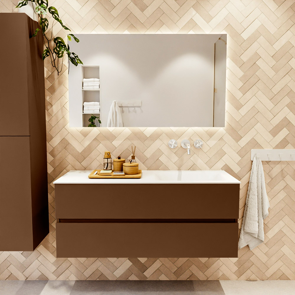 MONDIAZ VICA 120cm mueble de baño Rust 2 cajones. Lavabo CLOUD Derecho sin orificio, color Talc. 2 color Talc.