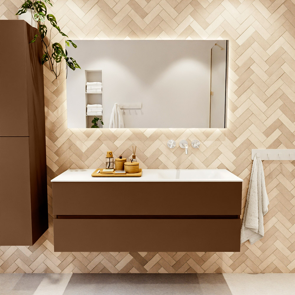 MONDIAZ VICA 130cm mueble de baño Rust 2 cajones. Lavabo CLOUD Derecho sin orificio, color Talc. 2 color Talc.
