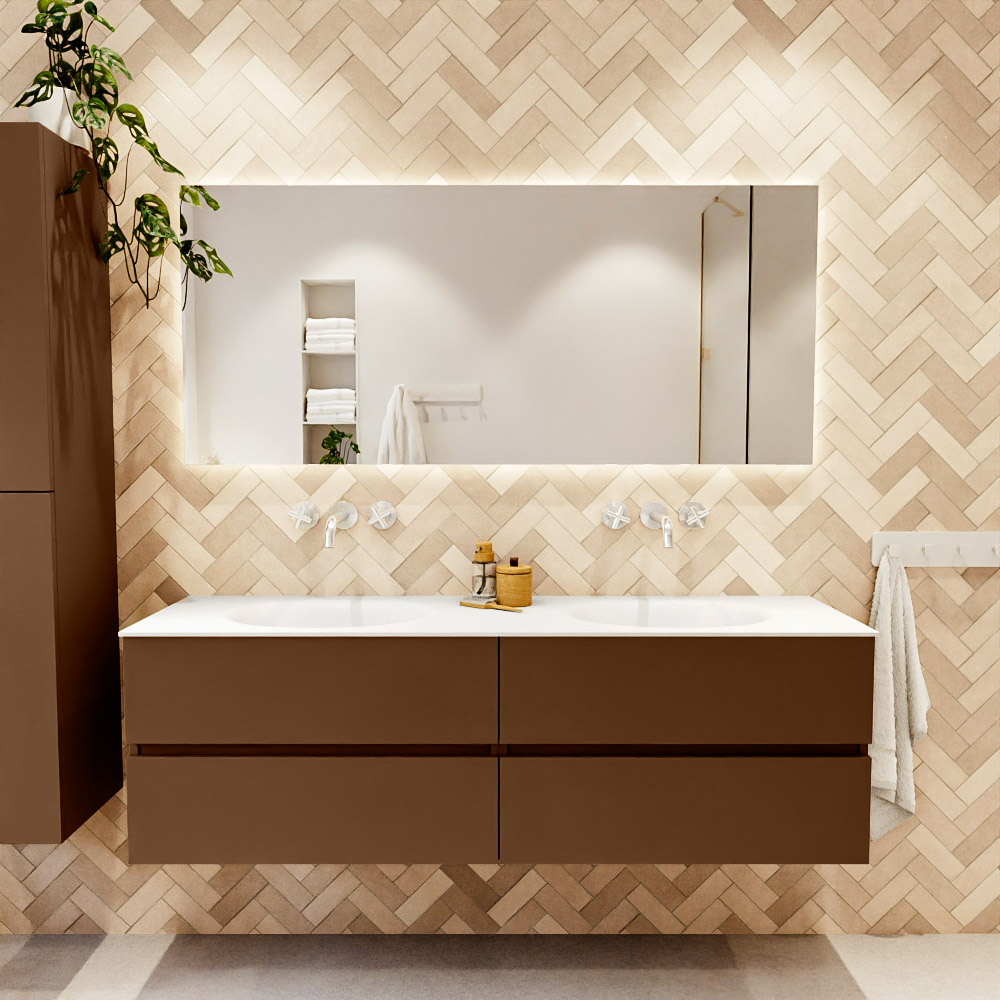 MONDIAZ VICA 160cm mueble de baño Rust 4 cajones. Lavabo MOON Doble sin orificio, color Talc. 2 color Talc.