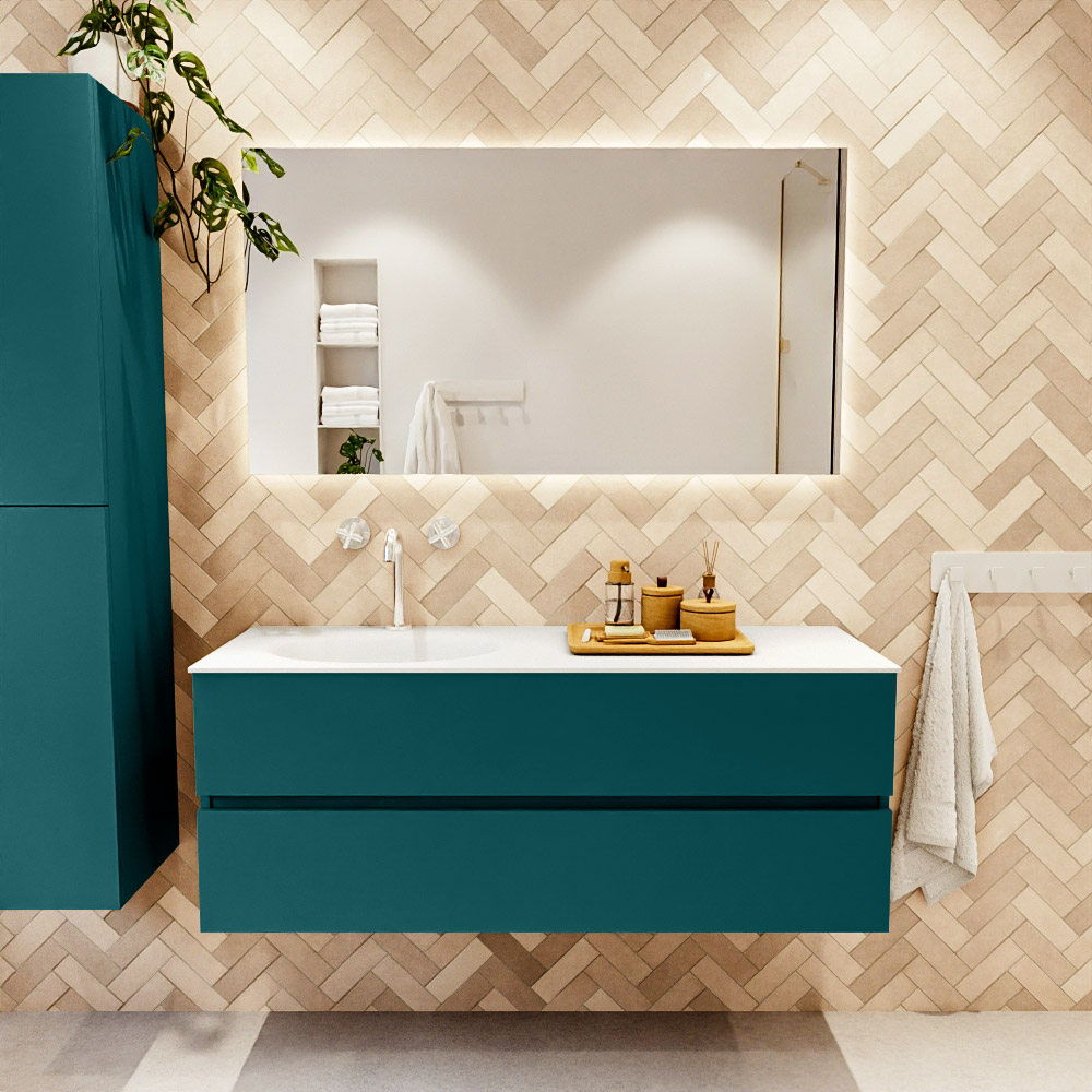 MONDIAZ VICA 130cm mueble de baño Smag 2 cajones. Lavabo MOON Izquierda 1 orificio, color Talc. 2 color Talc.