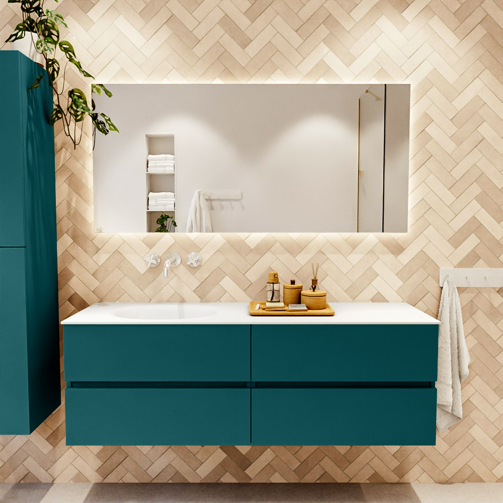 MONDIAZ VICA 150cm mueble de baño Smag 4 cajones. Lavabo MOON Izquierda sin orificio, color Talc. 2 color Talc.