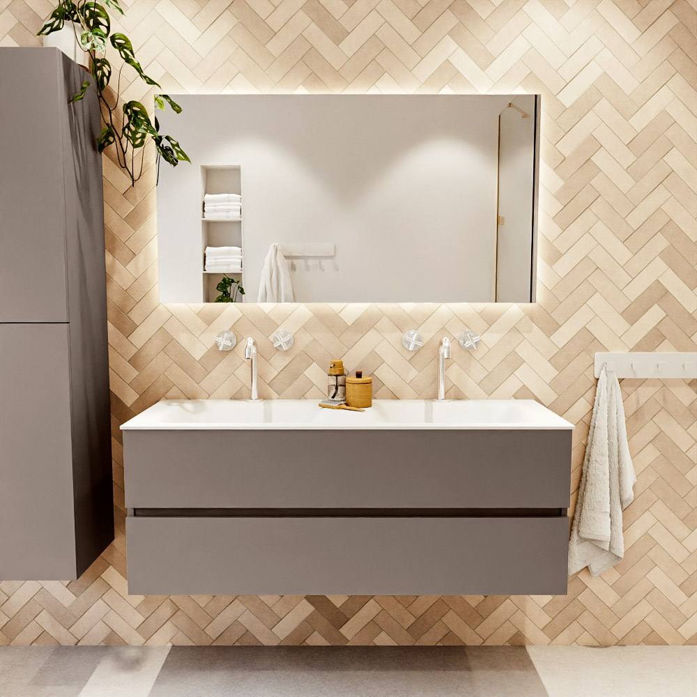 MONDIAZ VICA 130cm mueble de baño Smoke 2 cajones. Lavabo CLOUD Doble 2 orificios, color Talc. 2 color Talc.