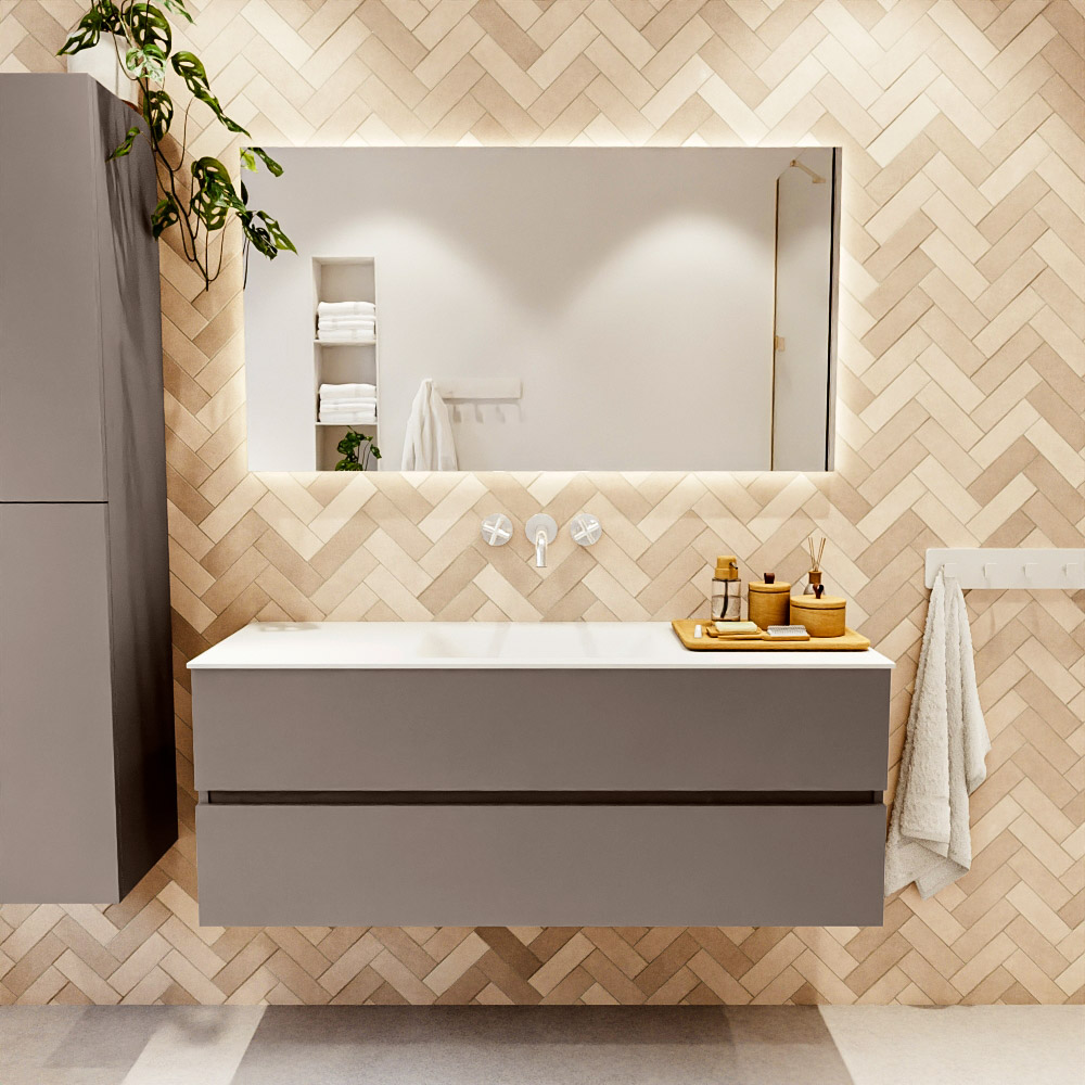 MONDIAZ VICA 130cm mueble de baño Smoke 2 cajones. Lavabo CLOUD Centro sin orificio, color Talc. 2 color Talc.