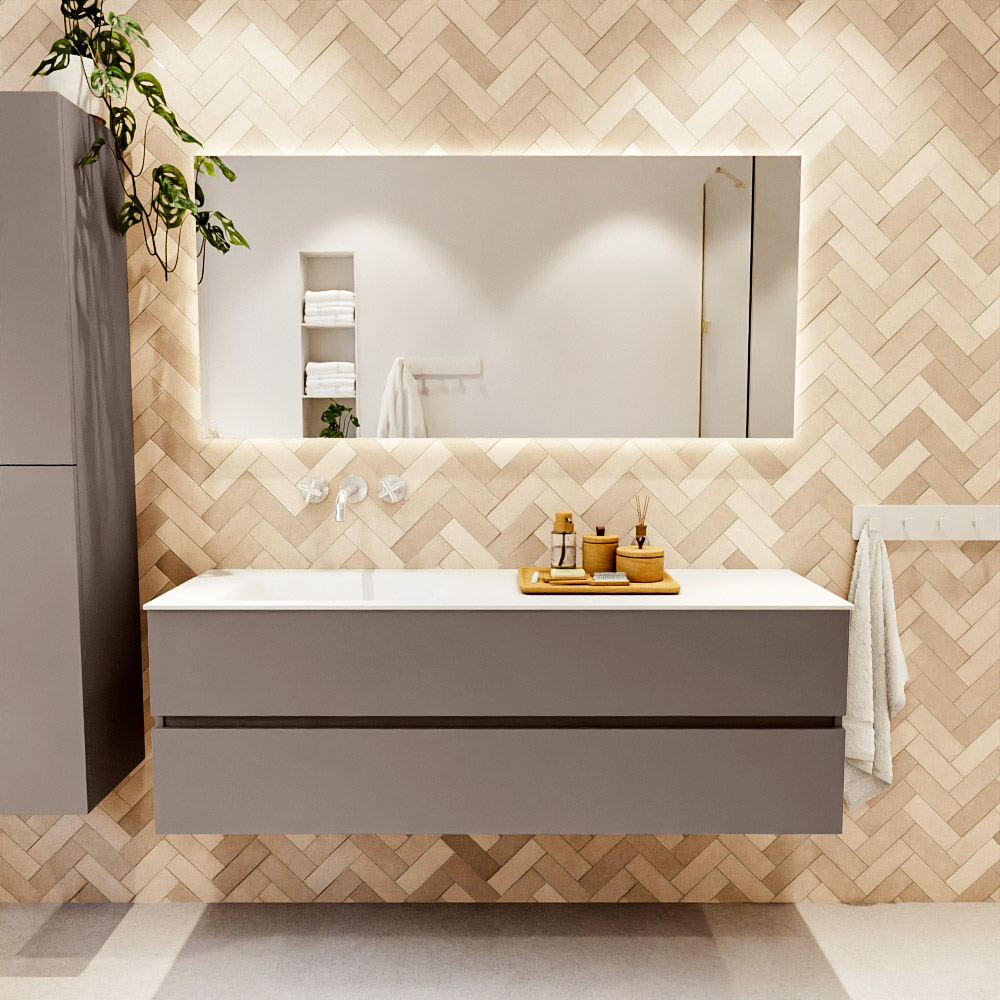 MONDIAZ VICA 150cm mueble de baño Smoke 2 cajones. Lavabo CLOUD Izquierda sin orificio, color Talc. 2 color Talc.