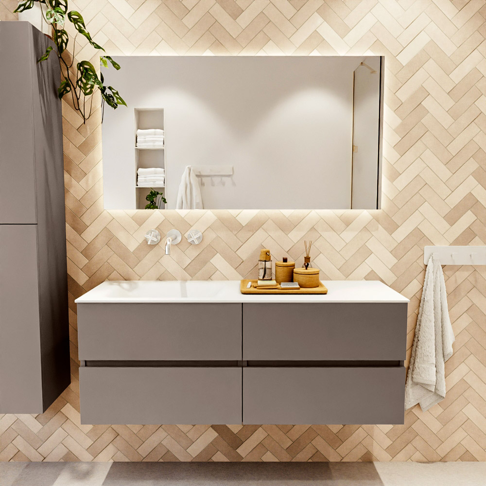 MONDIAZ VICA 130cm mueble de baño Smoke 4 cajones. Lavabo CLOUD Izquierda sin orificio, color Talc. 2 color Talc.