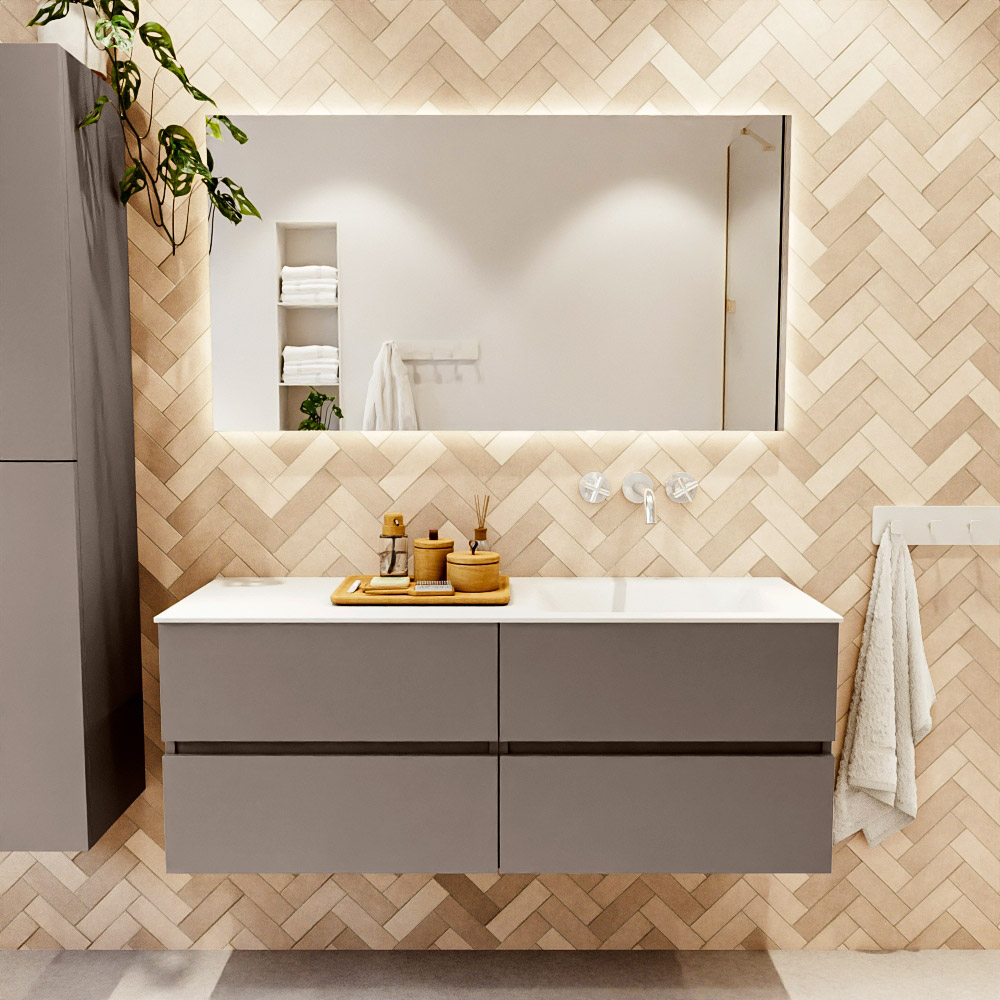 MONDIAZ VICA 130cm mueble de baño Smoke 4 cajones. Lavabo CLOUD Derecho sin orificio, color Talc. 2 color Talc.