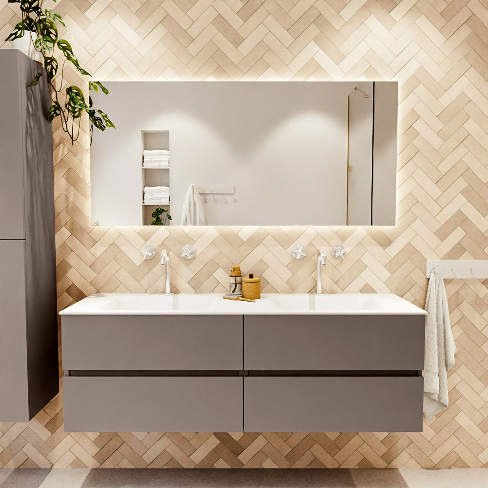 MONDIAZ VICA 150cm mueble de baño Smoke 4 cajones. Lavabo CLOUD Doble 2 orificios, color Talc. 2 color Talc.