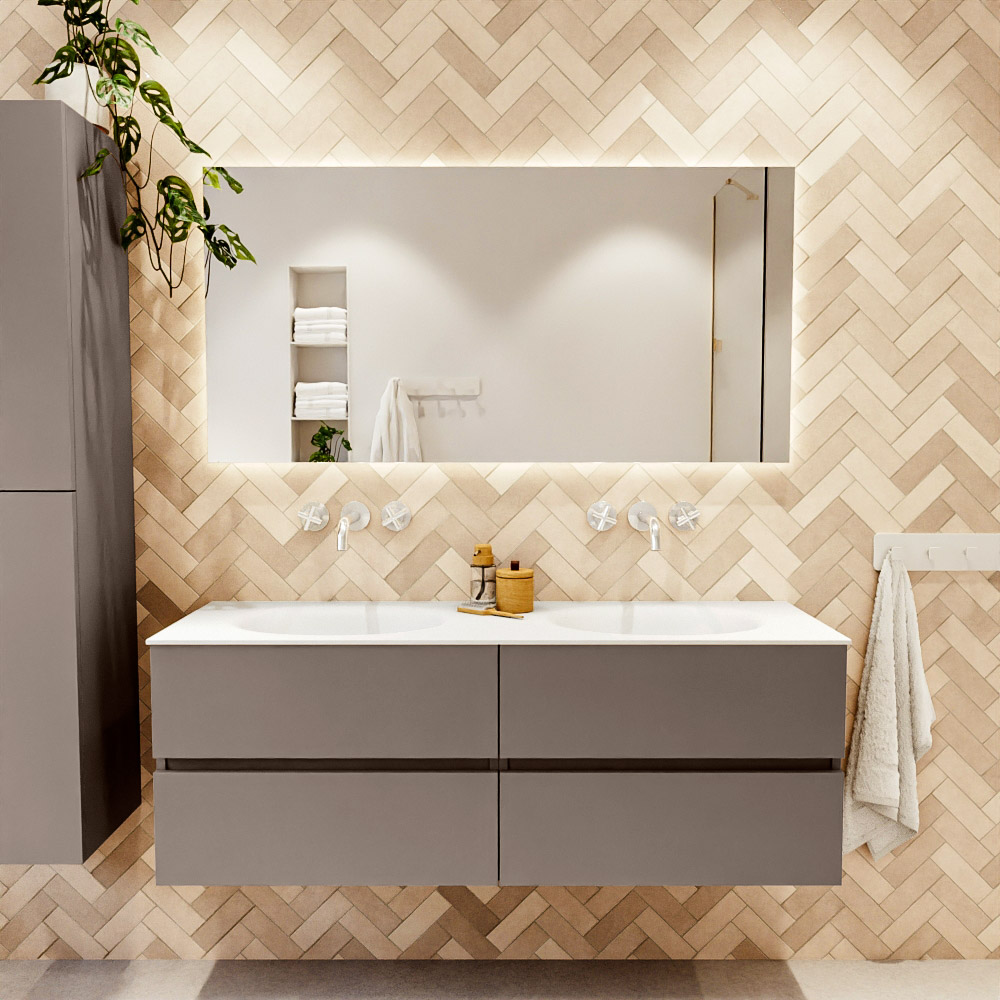 MONDIAZ VICA 140cm mueble de baño Smoke 4 cajones. Lavabo MOON Doble sin orificio, color Talc. 2 color Talc.