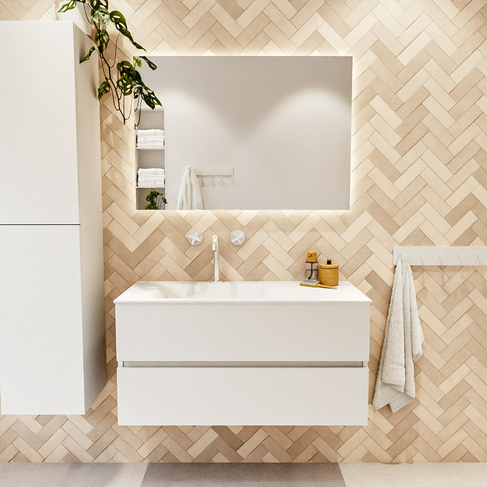 MONDIAZ VICA 100cm mueble de baño Talc 2 cajones. Lavabo CLOUD Izquierda 1 orificio, color Talc. 2 color Talc.