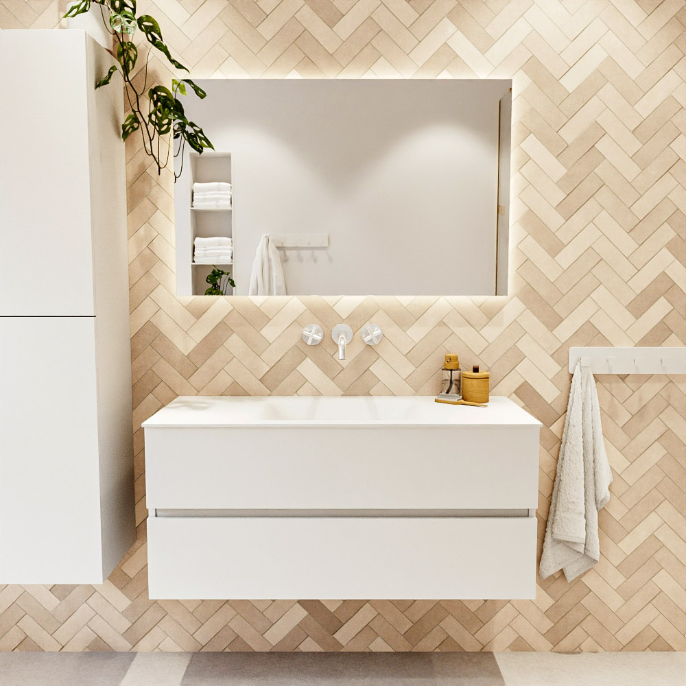 MONDIAZ VICA 110cm mueble de baño Talc 2 cajones. Lavabo CLOUD Centro sin orificio, color Talc. 2 color Talc.