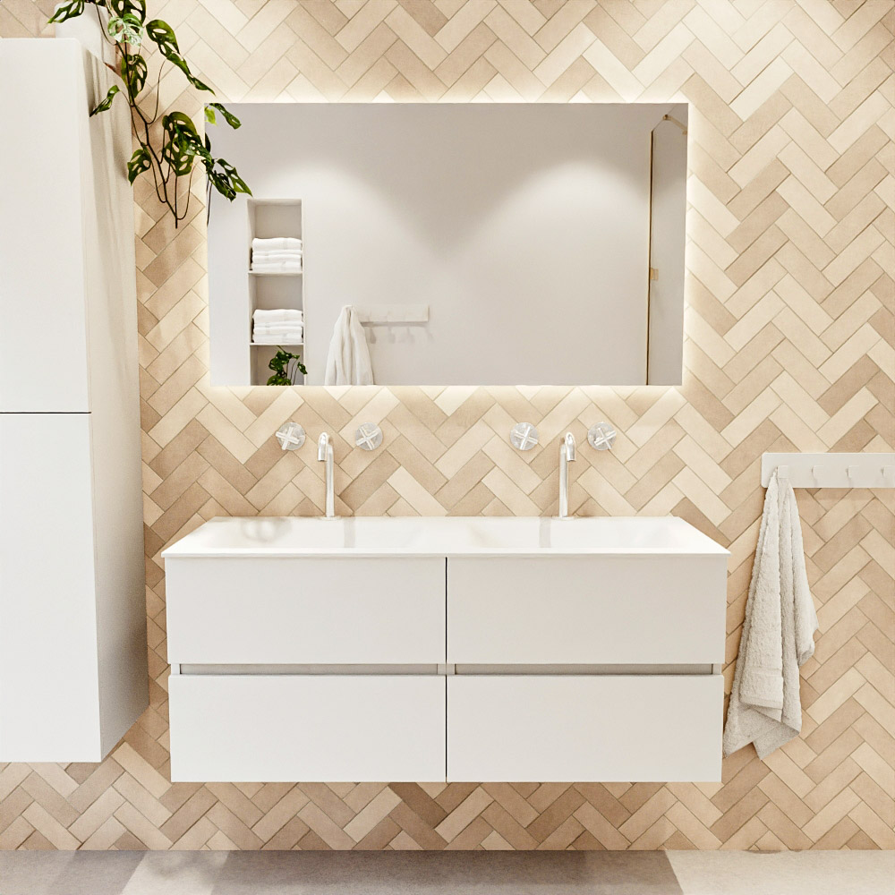 MONDIAZ VICA 120cm mueble de baño Talc 4 cajones. Lavabo CLOUD Doble 2 orificios, color Talc. 2 color Talc.