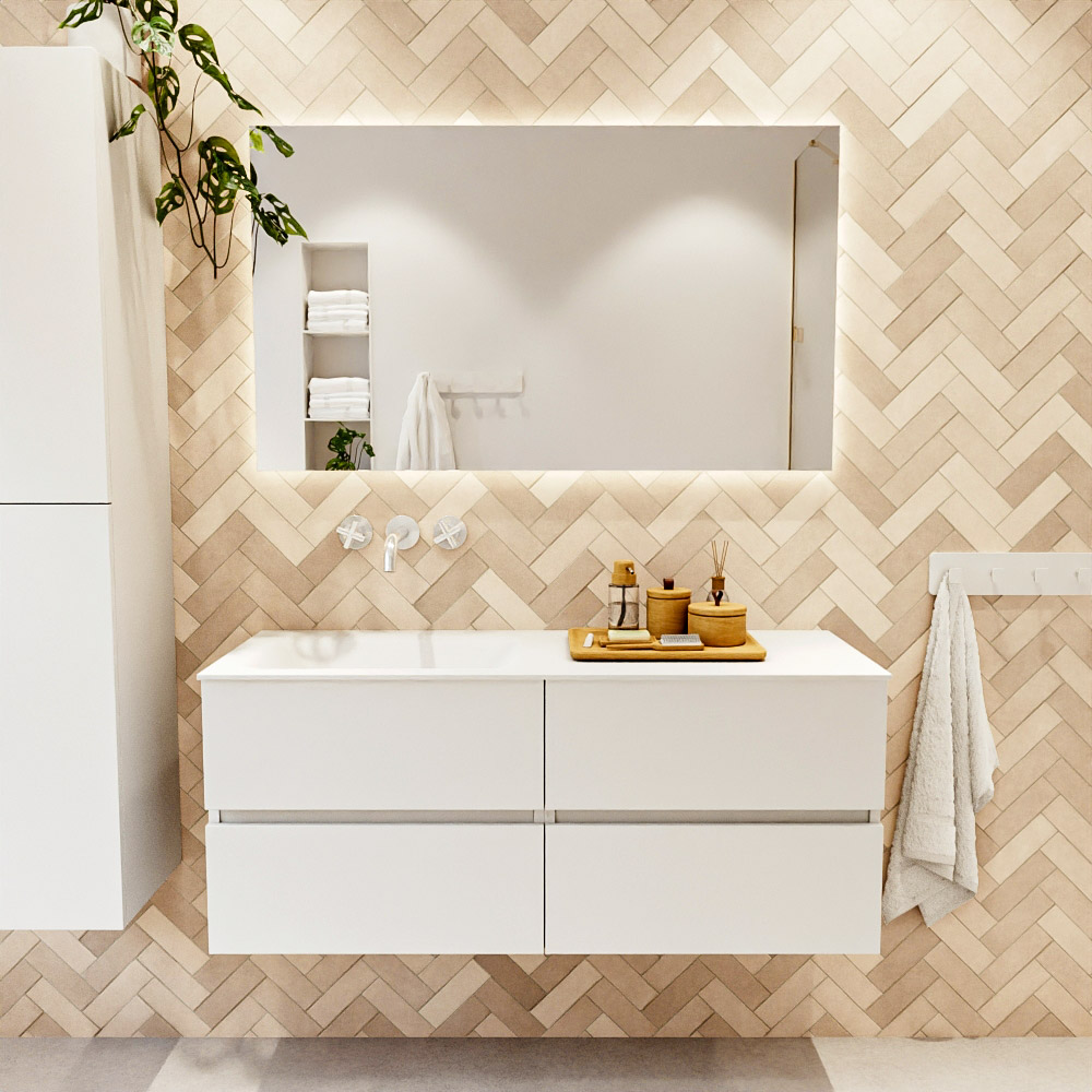 MONDIAZ VICA 120cm mueble de baño Talc 4 cajones. Lavabo CLOUD Izquierda sin orificio, color Talc. 2 color Talc.