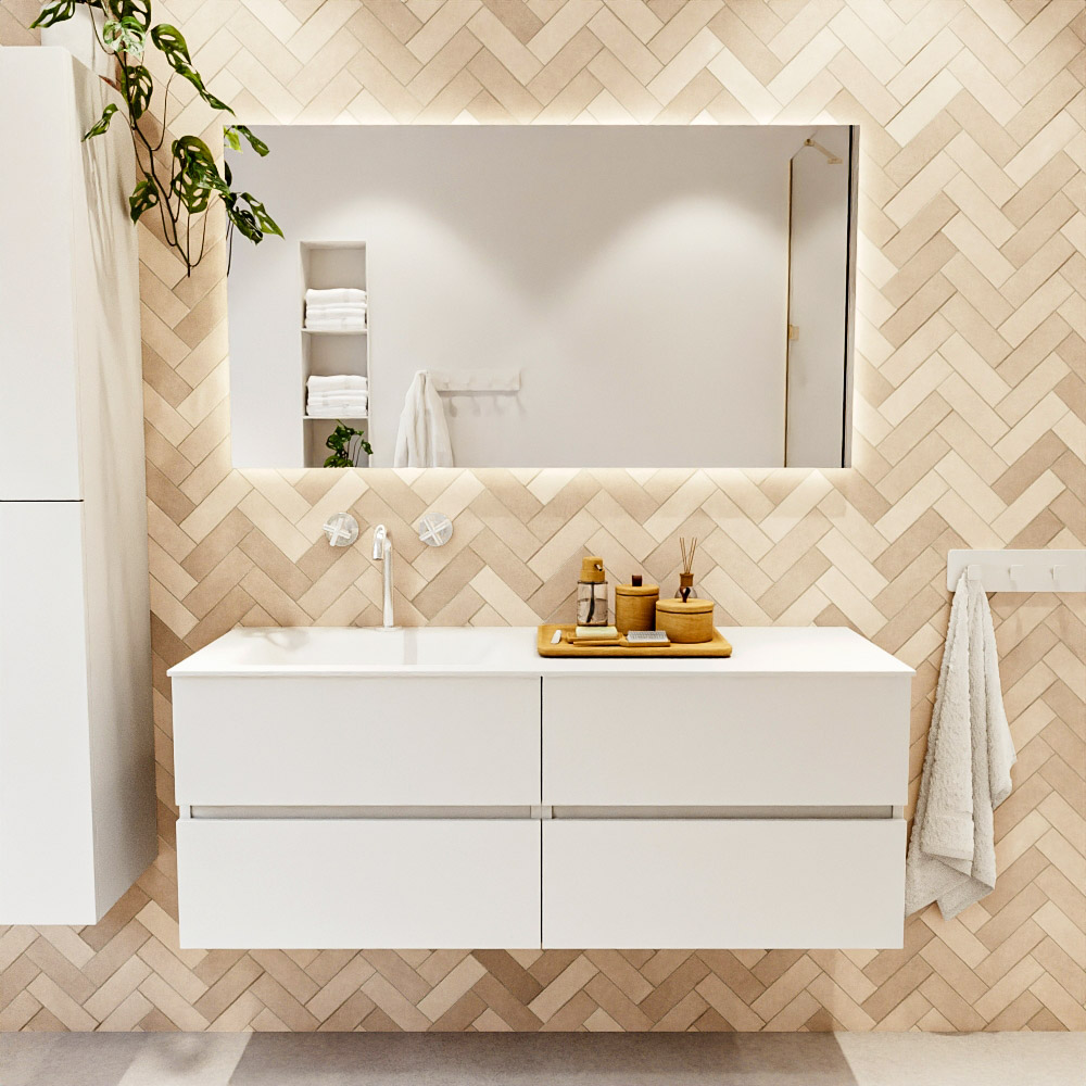 MONDIAZ VICA 130cm mueble de baño Talc 4 cajones. Lavabo CLOUD Izquierda 1 orificio, color Talc. 2 color Talc.