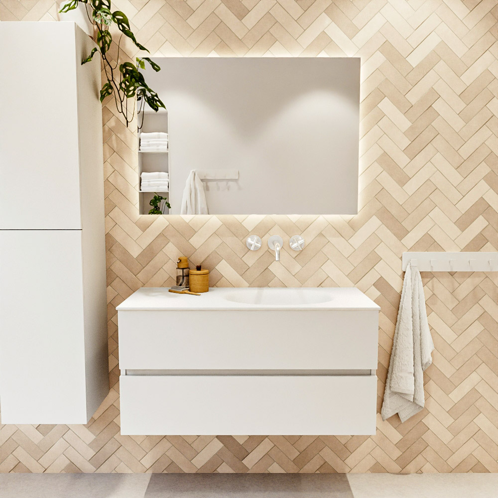 MONDIAZ VICA 100cm mueble de baño Talc 2 cajones. Lavabo MOON Derecho sin orificio, color Talc. 2 color Talc.