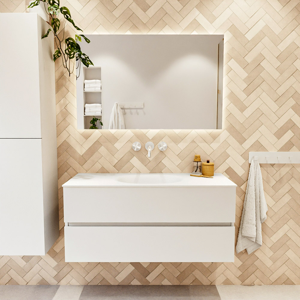 MONDIAZ VICA 110cm mueble de baño Talc 2 cajones. Lavabo MOON Centro sin orificio, color Talc. 2 color Talc.