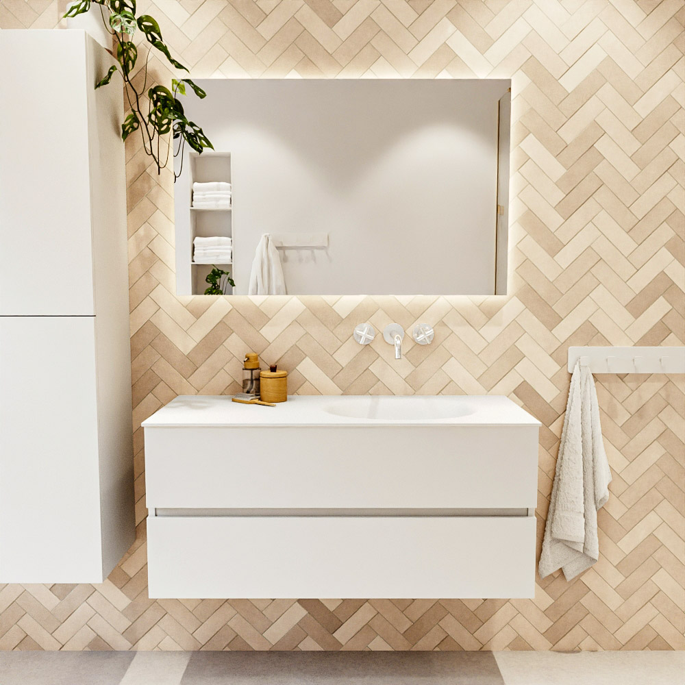 MONDIAZ VICA 110cm mueble de baño Talc 2 cajones. Lavabo MOON Derecho sin orificio, color Talc. 2 color Talc.