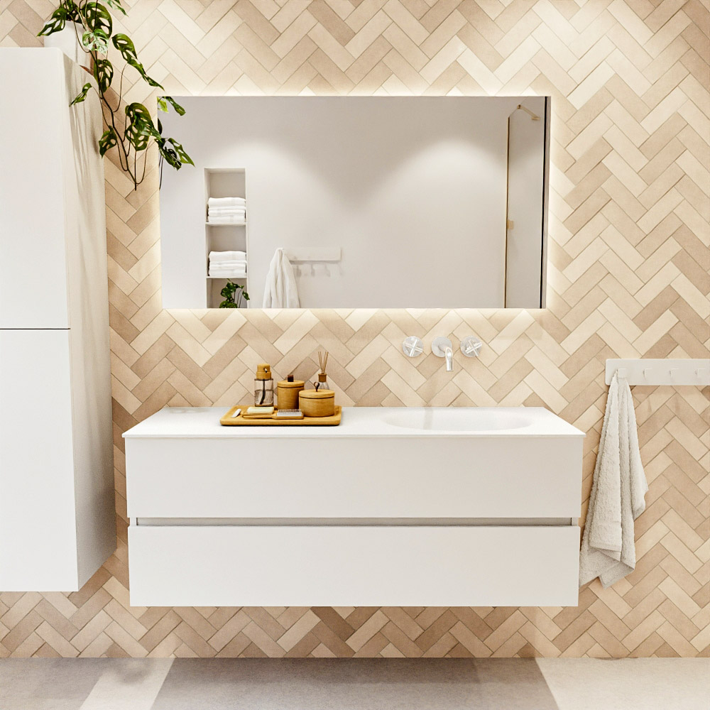 MONDIAZ VICA 130cm mueble de baño Talc 2 cajones. Lavabo MOON Derecho sin orificio, color Talc. 2 color Talc.
