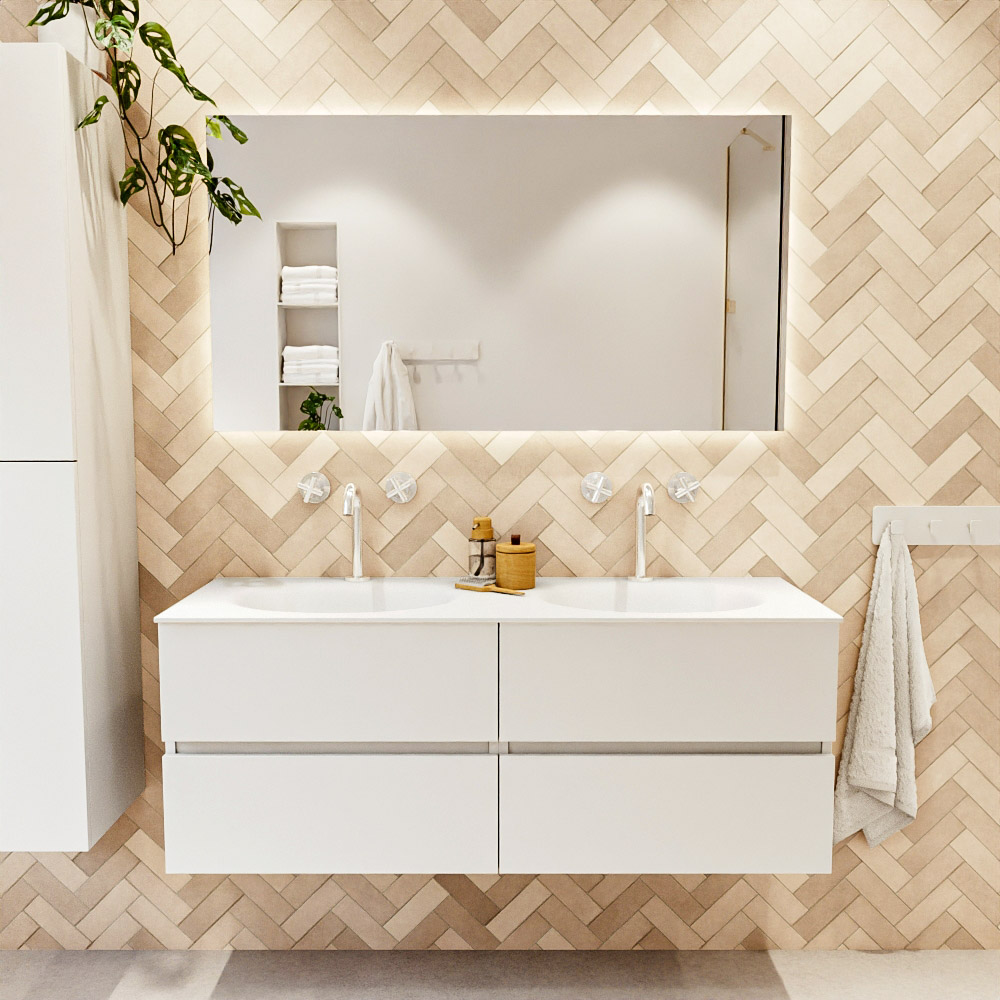 MONDIAZ VICA 130cm mueble de baño Talc 4 cajones. Lavabo MOON Doble 2 orificios, color Talc. 2 color Talc.