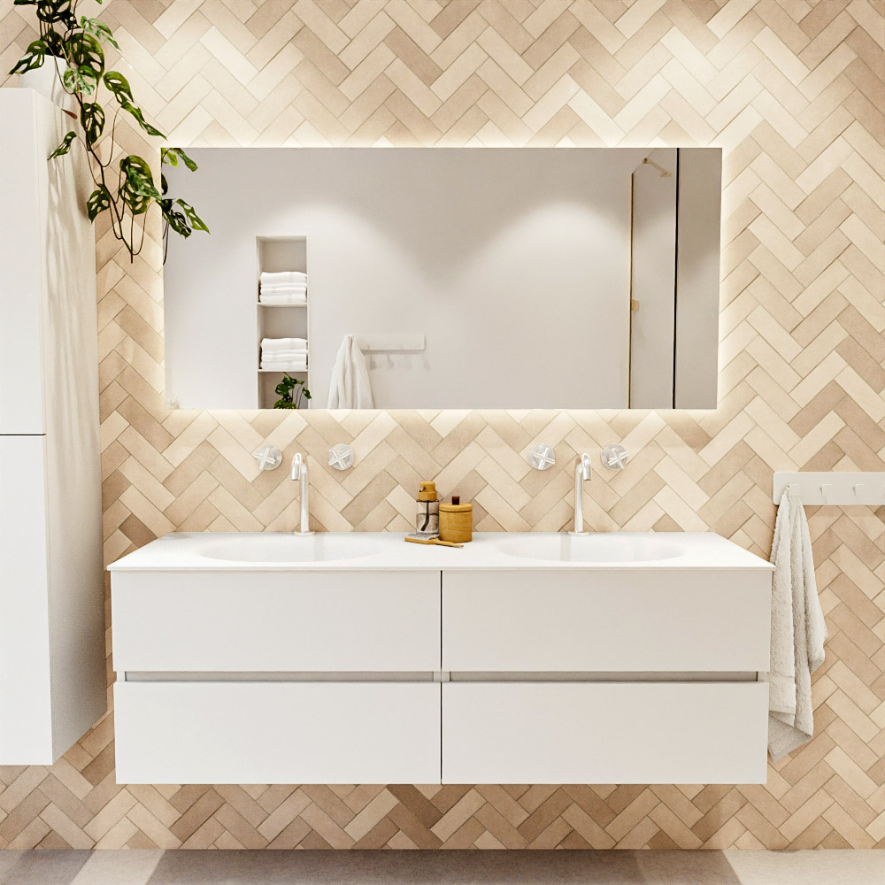 MONDIAZ VICA 150cm mueble de baño Talc 4 cajones. Lavabo MOON Doble 2 orificios, color Talc. 2 color Talc.