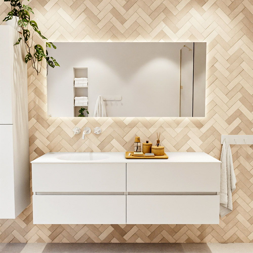 MONDIAZ VICA 150cm mueble de baño Talc 4 cajones. Lavabo MOON Izquierda sin orificio, color Talc. 2 color Talc.