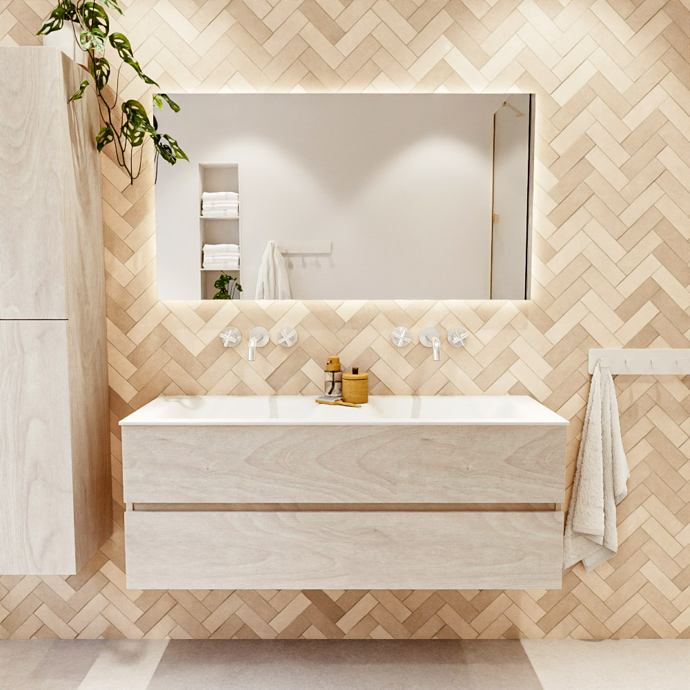 MONDIAZ VICA 130cm mueble de baño Underlayment 2 cajones. Lavabo CLOUD Doble sin orificio, color Talc. 2 color Talc.