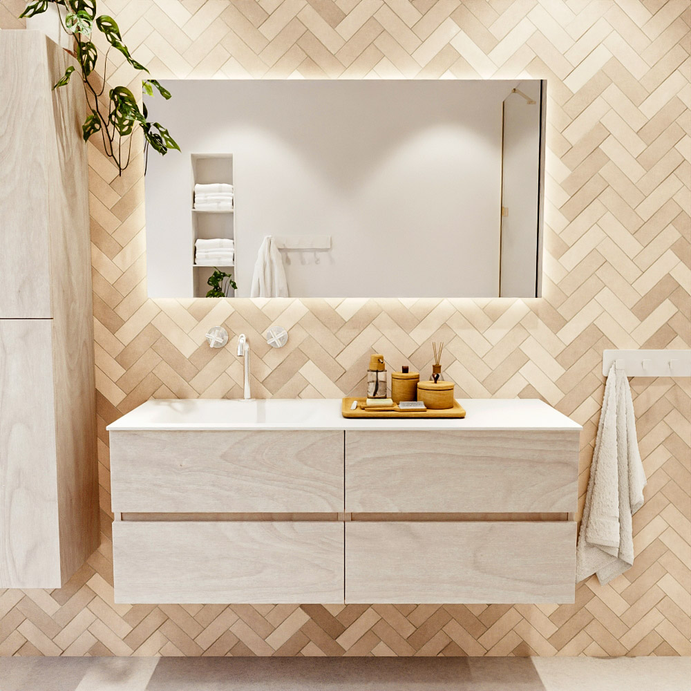 MONDIAZ VICA 130cm mueble de baño Underlayment 4 cajones. Lavabo CLOUD Izquierda 1 orificio, color Talc. 2 color Talc.