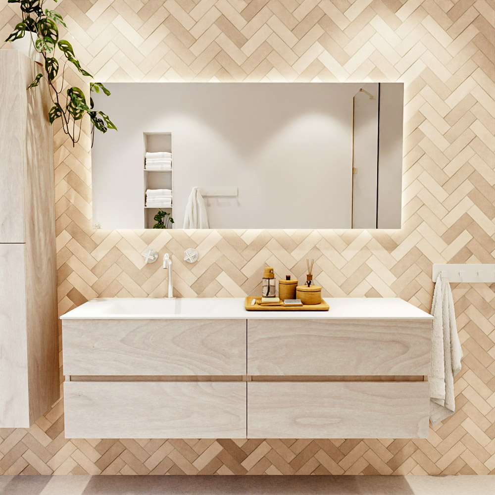 MONDIAZ VICA 150cm mueble de baño Underlayment 4 cajones. Lavabo CLOUD Izquierda 1 orificio, color Talc. 2 color Talc.