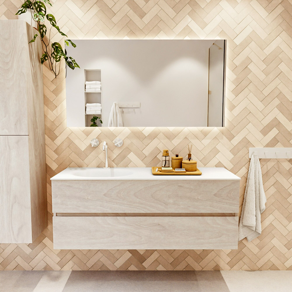 MONDIAZ VICA 130cm mueble de baño Underlayment 2 cajones. Lavabo MOON Izquierda 1 orificio, color Talc. 2 color Talc.