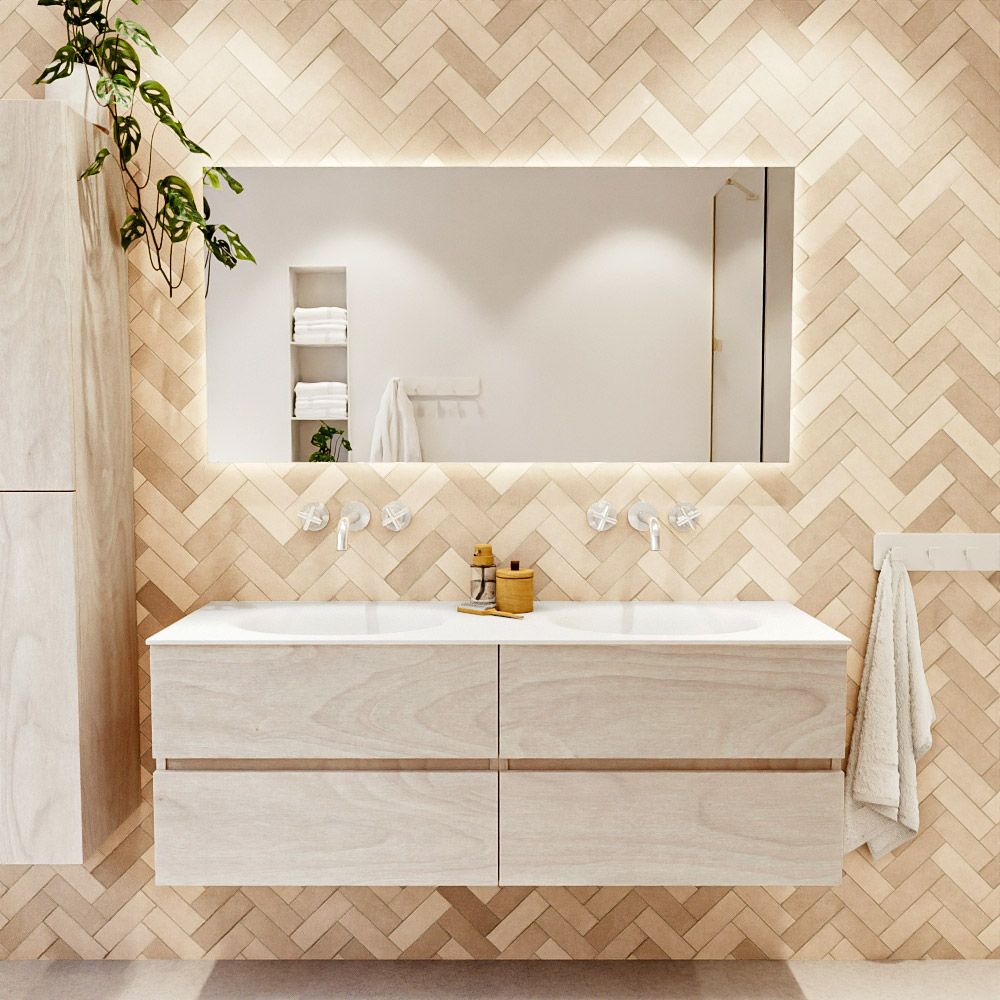 MONDIAZ VICA 140cm mueble de baño Underlayment 4 cajones. Lavabo MOON Doble sin orificio, color Talc. 2 color Talc.