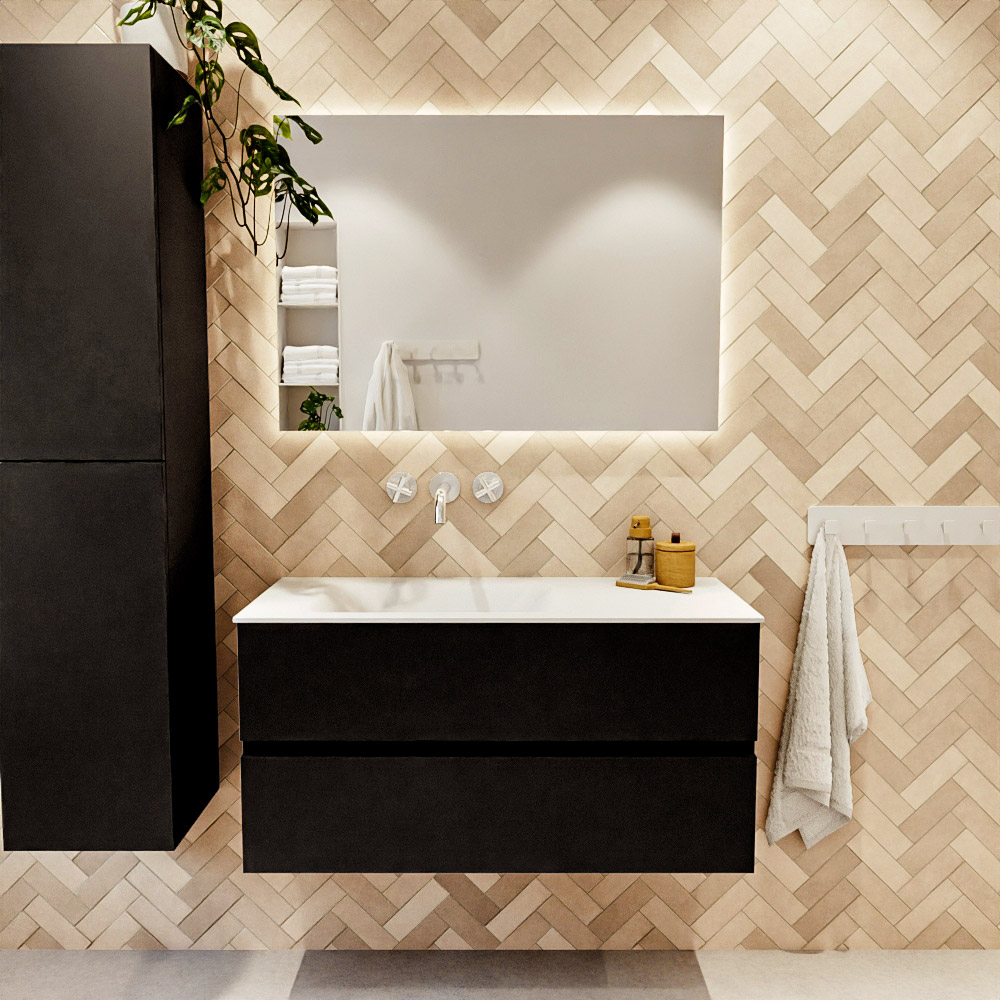 MONDIAZ VICA 100cm mueble de baño Urban 2 cajones. Lavabo CLOUD Izquierda sin orificio, color Talc. 2 color Talc.