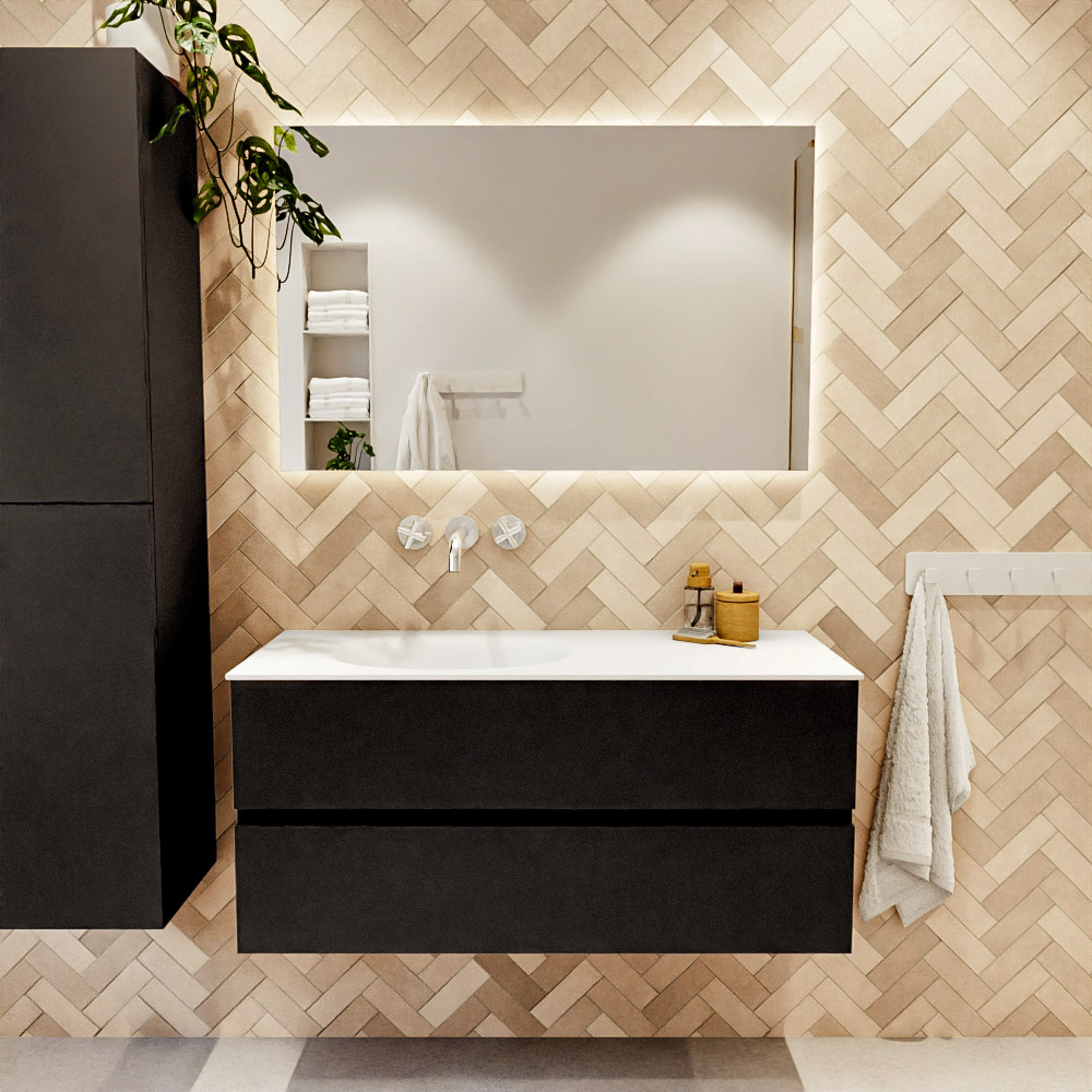 MONDIAZ VICA 110cm mueble de baño Urban 2 cajones. Lavabo MOON Izquierda sin orificio, color Talc. 2 color Talc.