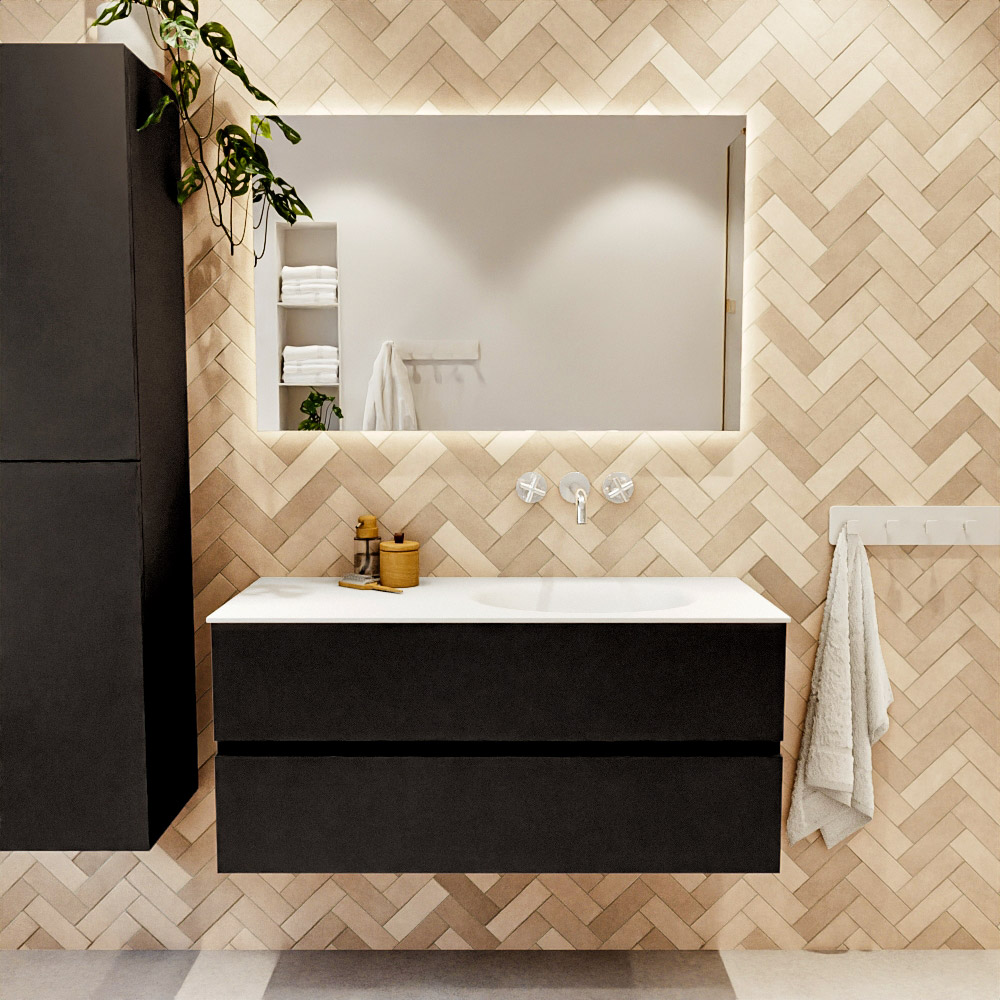 MONDIAZ VICA 110cm mueble de baño Urban 2 cajones. Lavabo MOON Derecho sin orificio, color Talc. 2 color Talc.