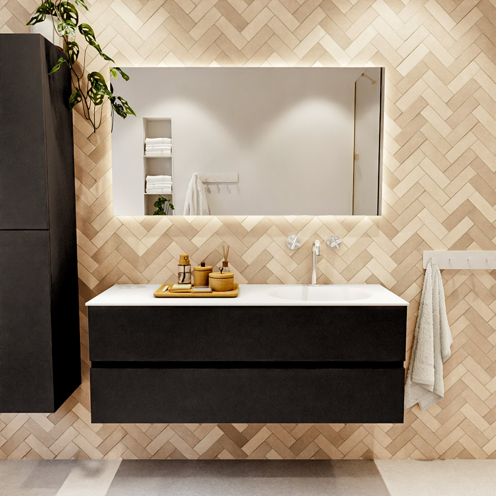 MONDIAZ VICA 130cm mueble de baño Urban 2 cajones. Lavabo MOON Derecho 1 orificio, color Talc. 2 color Talc.