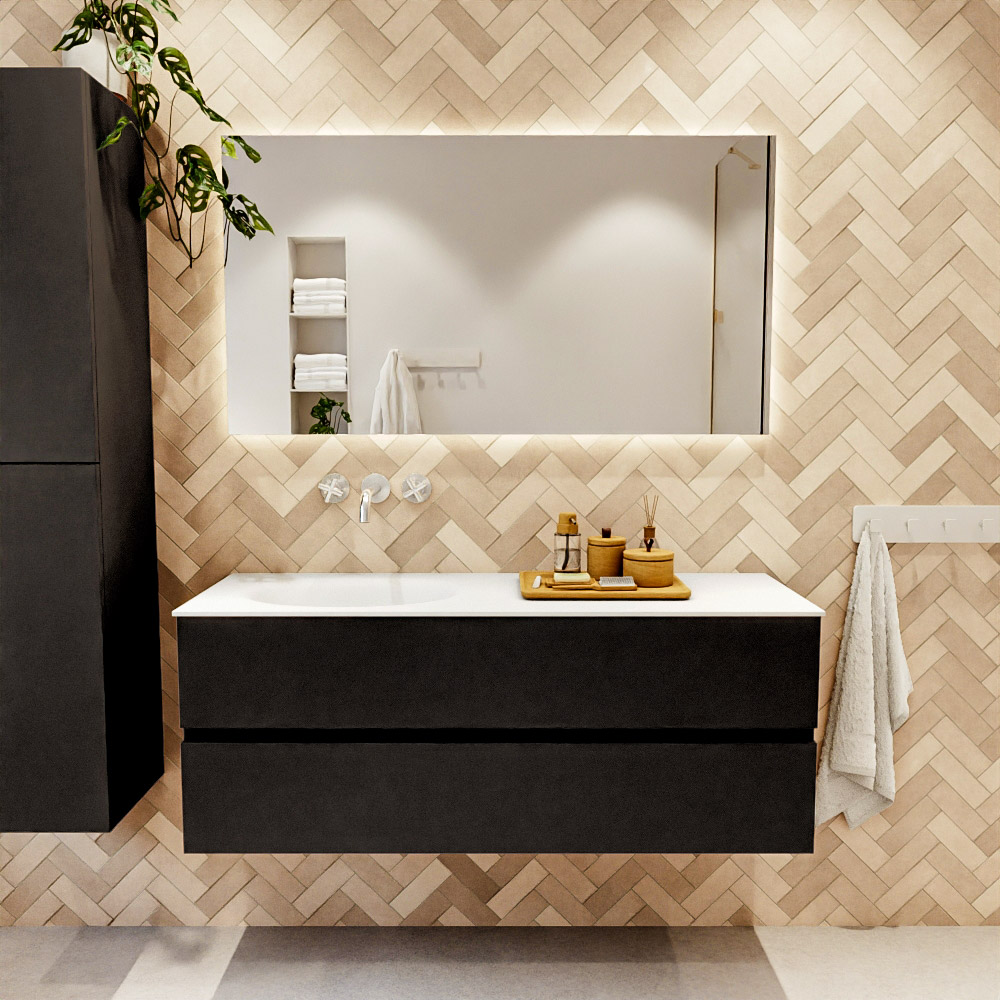 MONDIAZ VICA 130cm mueble de baño Urban 2 cajones. Lavabo MOON Izquierda sin orificio, color Talc. 2 color Talc.