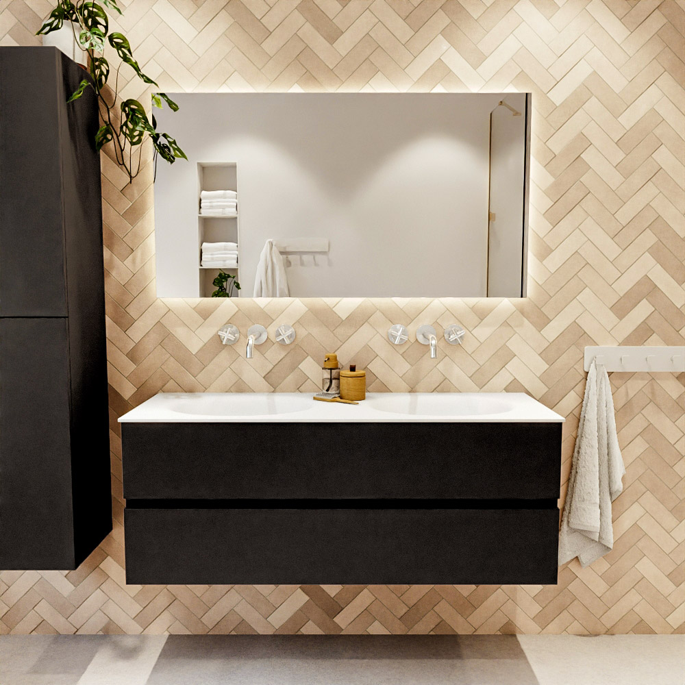 MONDIAZ VICA 130cm mueble de baño Urban 2 cajones. Lavabo MOON Doble sin orificio, color Talc. 2 color Talc.