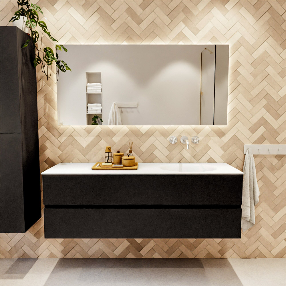 MONDIAZ VICA 150cm mueble de baño Urban 2 cajones. Lavabo MOON Derecho sin orificio, color Talc. 2 color Talc.