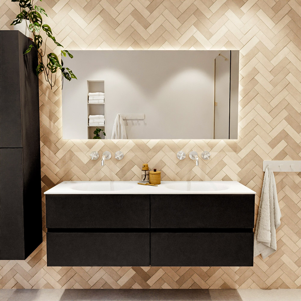 MONDIAZ VICA 140cm mueble de baño Urban 4 cajones. Lavabo MOON Doble sin orificio, color Talc. 2 color Talc.