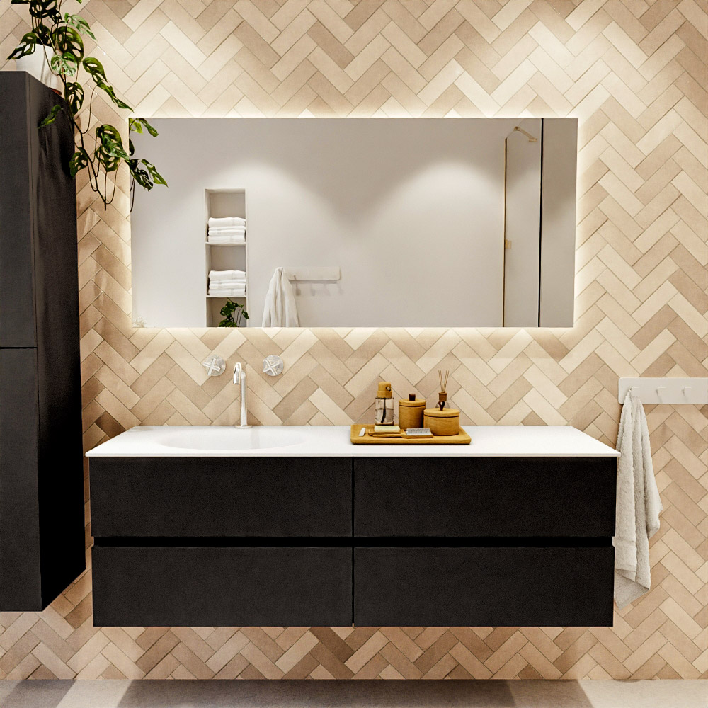 MONDIAZ VICA 150cm mueble de baño Urban 4 cajones. Lavabo MOON Izquierda 1 orificio, color Talc. 2 color Talc.